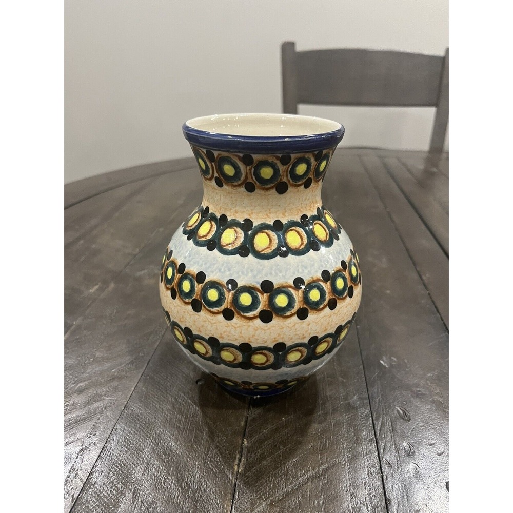 Polish Potter Handmade Boleslawiec Vase Circles Sponge 7" Peacock